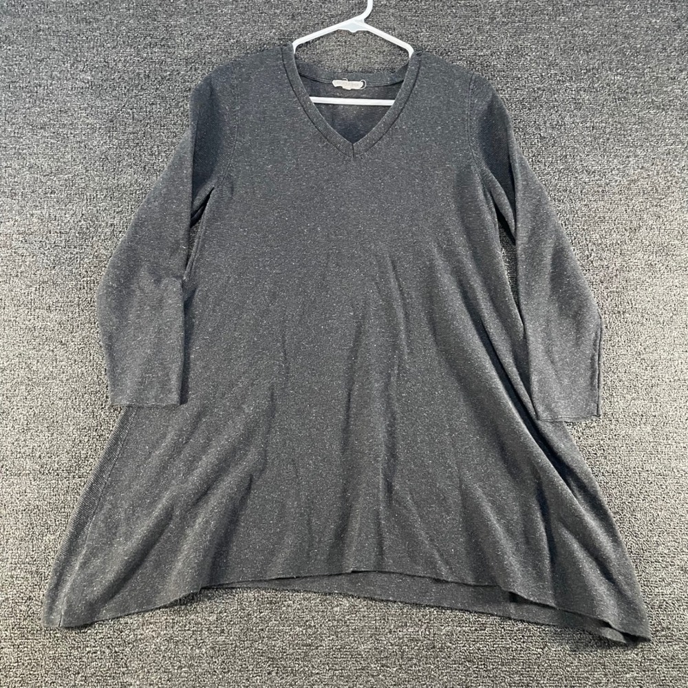 Eileen Fisher Tunic Sweater Womens Medium Grey V-Neck Linen Blend Sharkbite Good